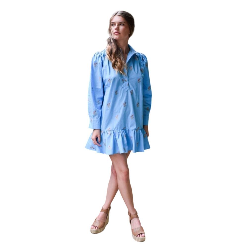 Never A Wallflower Everything Long Sleeve Dress w Ruffle Blue Rose Jacquard XS